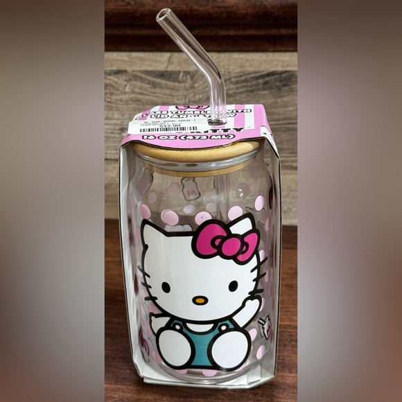 Hello Kitty Glass Tumbler With Bamboo Lid And Glass Straw - NEW - Picture 3 of 10